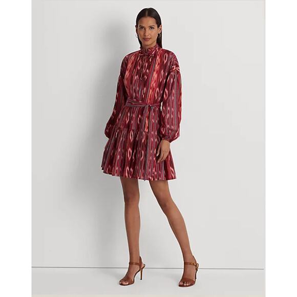 NWT Lauren Ralph Lauren Geo-Stripe Belted Cotton Voile Dress Women’s Size 16 - Picture 1 of 12